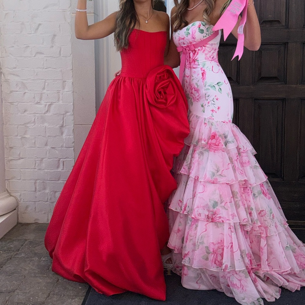 Sherri Hill Pink Floral Tiered Ruffle Strapless Gown